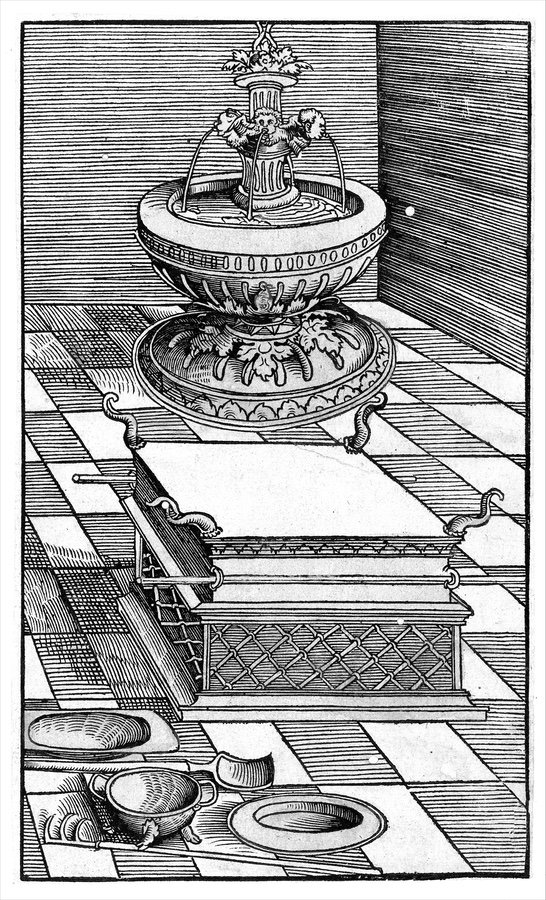 The altar of burnt offering and the laver of the tabernacle. Woodcut, 1523–26.