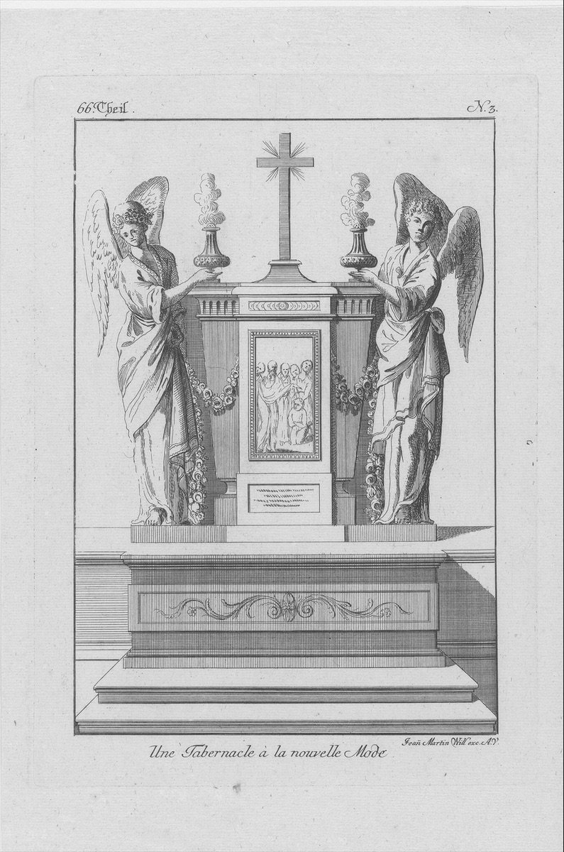 Design for an altar tabernacle flanked by two angels. Engraving, 18th century.