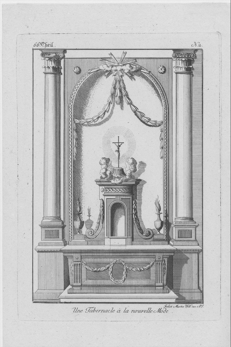 Design for an altar tabernacle between two columns. Engraving, 18th century.